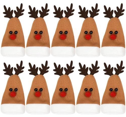 HOODANCOS Lot de 10 Housses de Bouteille en Tissu Marron 14x6 Cm de Renne de Noël, Accessoires Fête pour Bouteille de Vin, Poche pour Couverts Décorative pour Maison et Restaurant