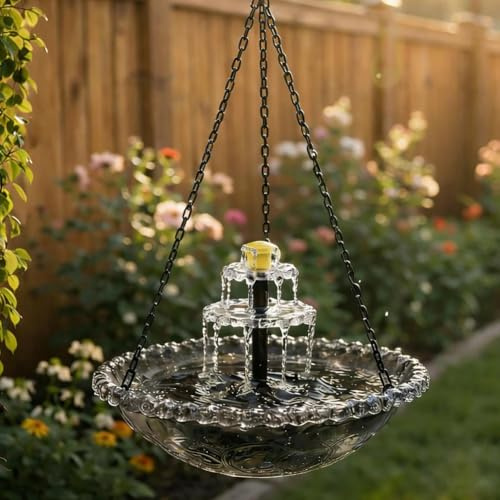Solar Springbrunnen Vogeltränke für den Außenbereich mit Metallketten zum Aufhängen, Hängendes Gartenzubehör mit Metall für + ABS-Konstruktion, lädt Vögel zum Baden und Singen