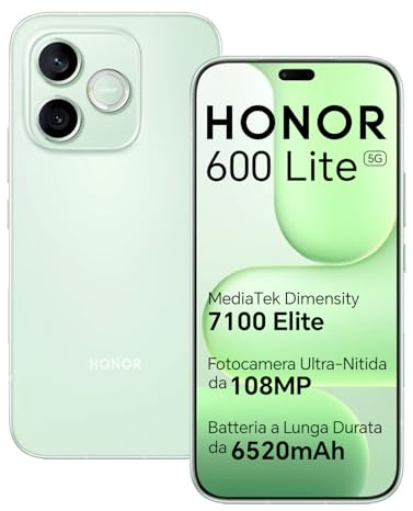 HONOR 600 Lite 5G Smartphone, Display AMOLED 6.6 120Hz, Fotocamera AI 108MP, Batteria 6520mAh, 8GB + 256GB, Resistente all’Acqua IP66, Cellulare Sbloccato Android 16 (Sprout Green, 256, GB, 8, GB)