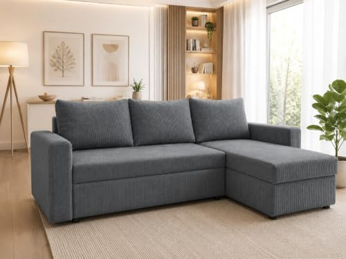 DMSM Cody Ecksofa mit Schlaffunktion, Cordstoff, 220 cm, Bettkasten, Bonellfederung (Grau)
