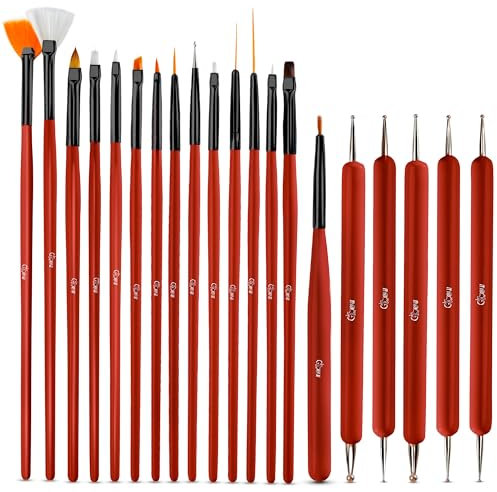 Glow 20 Nail Art Pinsel Set und Punktierwerkzeug, Nagel Pinsel und Nageldesign Set Perfekt für Anfänger und Profis, Nail Pinsel für Gelnägel ein Praktisches Preiswertes Set mit Holzgriff (Rot)