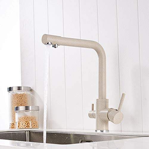 YAWEDA Robinet de cuisine 360 ​​degrés de rotation avec une purification à l'eau double poignée simple trou évier mitigeur Crane, Beige Avec Dot