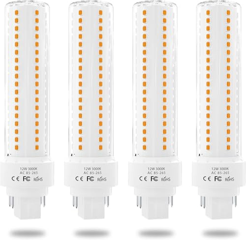 Lustaled Gx24 4-Pin Base LED Bulb, 12W G24q PL-C Horizontal Recessed Light 26W CFL Lamp Equivalent for Kitchen Light Pendant Lamp Dining Room, Warm White 3000K, 4-Pack (Remove/Bypass The Ballast)
