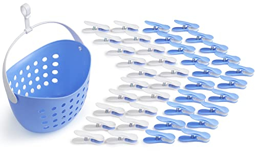 culiclean Pince a Linge Soft Clips – Panier Epingle a Linge – Fabriqué en France – Bleu Clair-Blanc avec Panier Bleu Clair – Lot de 40 Pinces + 1 Panier
