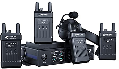 Hollyland Mars T1000 Sistema de comunicación de Equipo inalámbrico dúplex Completo para 5 usuarios con estación de intercomunicación HF 4 Caja de cinturón 5 Auriculares dinámicos para Cine Concierto