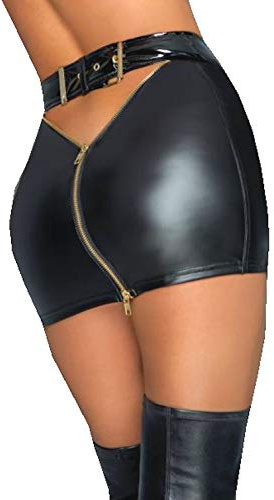 Wetlook-Rock mit Reißverschluss Gogo Minirock Lack mit Schritt-RV Golden Zip schwarz von Noir Handmade
