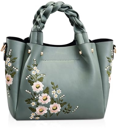 NICOLE & DORIS Elegant Handtasche Damen Shopper Tote PU-Leder Henkeltasche Frauen Schultertasche Bestickte Umhängetasche für Arbeit Schule Shoppin Grün
