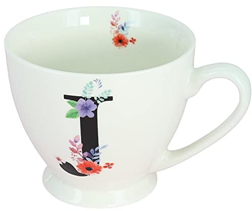 G Decor White Floral, 350ml, Alphabet A-Z Ceramic Tea Coffee XL Cup Mug, Novelty Drinkware for Morning or Evening Drink (J)