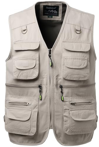 Oralidera Hommes Coton Extérieure Gilet de pêche Multi-Poches Photographie Chasse sans Manche Veste de Sport Gilet Journaliste, Beige, XL