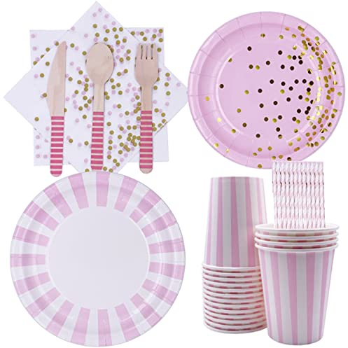 CTForest 16 Sätze Partygeschirr Set, Geschirr Party-Set, Rosa Papier Geschirr Set, Geeignet für Partys, Einzigartiges Geschirr Kann der Party Atmosphäre Verleihen(Rosa)