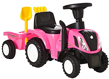 HOMCOM Trattore per Bambini Cavalcabile con Rimorchio, Rastrello e Pala, Gioco Educativo per Bimbi 12-36 Mesi, 91x29x44cm, Rosa