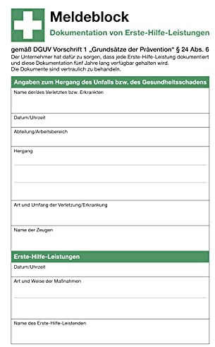 Meldeblock zur Dokumentation von Erste-Hilfe-Leistungen, DIN A5, 50 Blatt