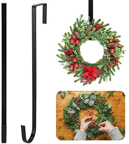 Christmas Wreath Hanger for Front Door (12 in/30cm) Strong Metal Wreath Door Hanger Over Door Hooks for Wreath Holder for Xmas Wall Wedding Christmas Easter Wreath Decor (Black)