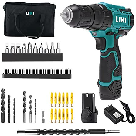Cordless Drill Driver Set, 12V Power Kit With Battery and Charger, MAX 280 In-lb Torque 3/8 Keyless Chuck Built-in LED for Wood Bricks Walls Metal, Furniture Installation
