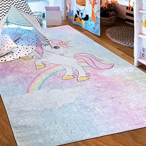 Mazovia Kinderzimmerteppich Antirutsch - Waschbar bis 30 Grad - Einhorn - Kurzflor Kinderteppich Teppich für Kinderzimmer - ÖKO-TEX Zertifiziert - Teppiche Mädchen Bunt Rosa Pink 120 x 170 cm