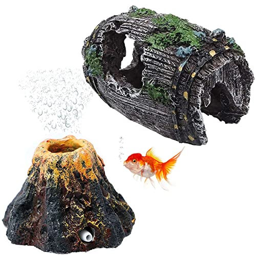 Aquarium Vulkan Deko Aquarium Rock Cave Dekoration Aquarium Deko Höhle Aquarium Sprudler vulkan aquarium blasenstein Aquarium Fass Harz Ornament Für Mehr Sauerstoff Aquarium Deko Ornament Zubehör 2PCS