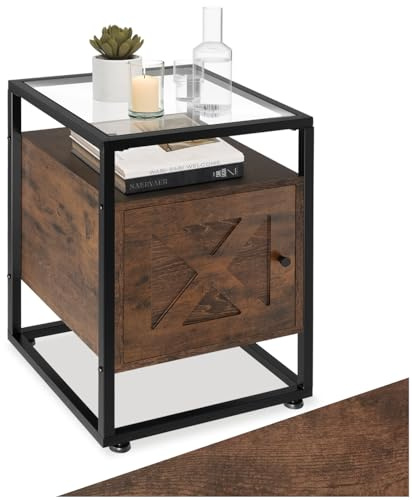 tectake® Table de Chevet 40 x 43 x 60,5 cm, Plateau en Verre, Table de Nuit avec Porte magnétique et étagère réglable, Style Industriel, Meuble Chambre, Chevet de lit, Decoration Chambre, Bois foncé