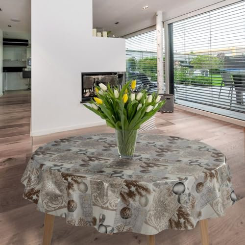 laro runde 140 cm wachstuchtischdecke wachstischdecke abwashbar PVC tischdecke Wachstuch wasserabweisend Garten tischdecke, Muster:Weihnachten Kugeln Beige Weiß