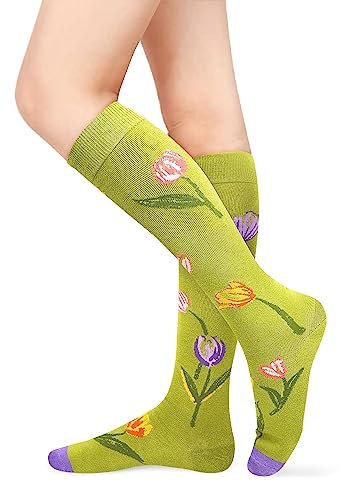 Benefeet Damen-Kniestrümpfe, gestreift, kariert, hohe Kniestrümpfe, Baumwolle, lange Sportsocken, Lebendige Tulpen, Olivgrün, Einheitsgröße
