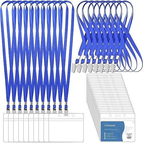 Lot de 100 cordons pour badges d'identité et 100 porte-étiquettes de nom transparents réutilisables avec clip en plastique pour adultes et enfants - Fournitures de bureau (bleu)