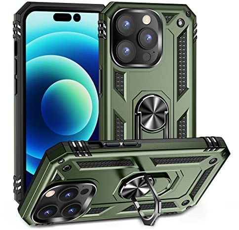 AFARER Mobile Phone Case for iPhone 14 Pro, Shockproof and Drop-Resistant Case, with 360 Degree Ring Stand and Magnetic Iron Sheet, Dual Layer Case Compatible with iPhone 14 Pro, Olive Green