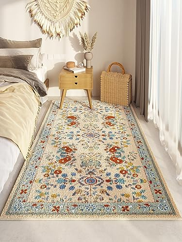 Menkala Teppich Boho Style Bettvorleger Schlafzimmer Flauschig Kurzflor Teppiche Bunt Vintage Blumen Waschbarer rutschfest Relax Carpet für Wohnzimmer Bettumrandung Läufer Flur Balkon 80x200 cm