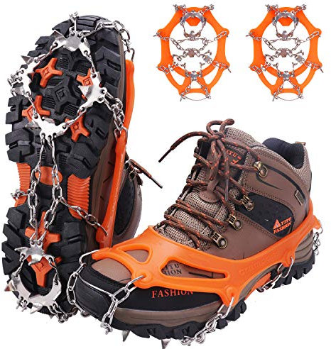 WIN.MAX Steigeisen Grödel Eisspikes, Schuhkrallen mit19 Edelstahl Zähne Spikes Schuhkrallen Grödeln Eisspikes für Klettern Bergsteigen Trekking High Altitude Winter Outdoor (Orange, L-New)