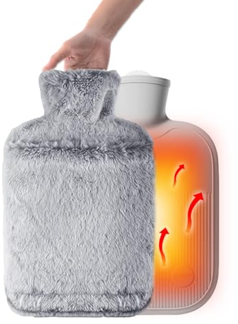 Zamety 2L Wärmflasche mit Bezug, Wärmeflasche Groß mit Plüschbezug Hot Water Bottle Warm Kalttherapie zur Linderung von Schmerzen Sicher und Langlebig Wärmflasche für Kinder Erwachsene (Grau)