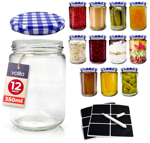 volila Jam Jars with Lids - 350ml Round Jam Jars with Blue Gingham Screw Top Lids - Airtight Jars with Lid for Jam, Preserves, Marmalade and Pickle - Preserving Jars with Labels and Pen (12 Pack)