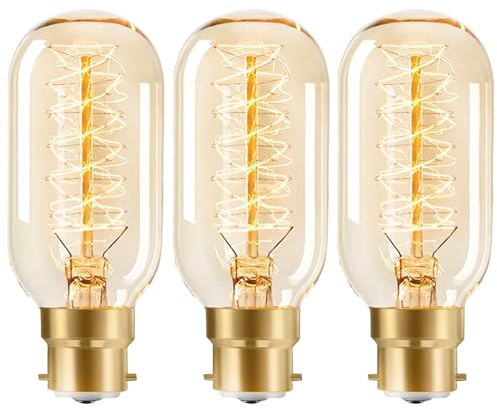 JQslight 40W B22 Vintage Bayonet Light Bulb Warm White,Edison Light Bulb Dimmable Incandescent Bulbs,Spiral Retro Filament Bulbs Amber Glass Lamp,T45 Tube Spiral Decorative,Pack of 3.