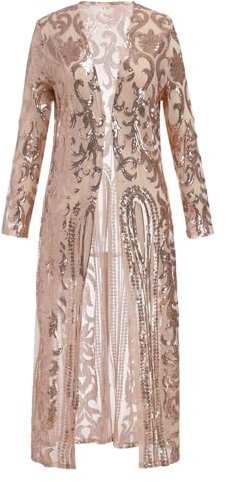 Women Sparkling Sequin Cardigan Duster Long Jacket 1920s Flapper Cover Up See Through Mesh Open Front Long Sleeve Dressy Coats for Evening Party Wedding Pageant Prom Wedding Club Gold Aprikose XL