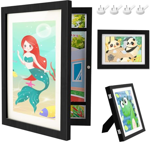 Gemtte Bilderrahmen Kinderzeichnungen A4, Kinder Kunstrahmen Frontöffnung, Holz Kinder Kunst Rahmen, Aufklappbar Kunstfotorahmen für Kunstprojekte, Schule, Zuhause