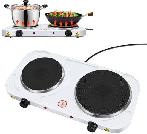 1500W Double Hot Plate Kitchen Cooking Hob with 155mm + 185mm Dual Cast Iron Heating Plates and Non-Slip Feet, 2 Adjustable Temperature Control, Easy to Clean, for Camping, RV