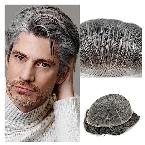 Haarteil für Männer Toupet for Männer, Echthaar-System, Haarteile, volle Schweizer Spitze, Herren-Toupet, 20,3 x 25,4 cm, atmungsaktive männliche Haarprothese, 1B, gemischte 65% graue, weiße Haarperü