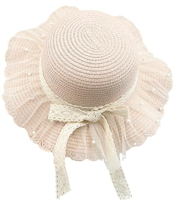 Kids Straw Hat Summer Beach Hat Sun Protection Hat Breathable Straw Visor Hat Adjustable Beach Cap Wide Brim Sun Hat Bowknot Floppy Cap for Girls Outdoor Activities (Straw Fabric, Pink)