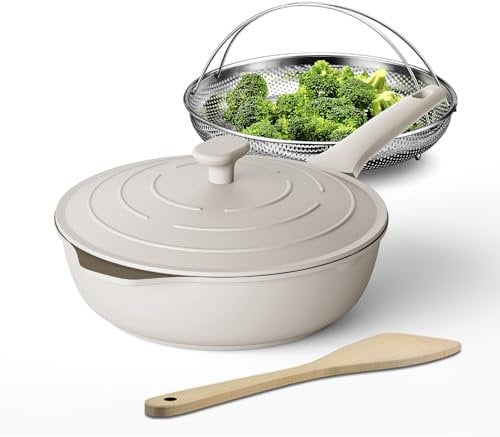 LIGTSPCE Always Antihaft-Mehrzweck-Sautépfanne, All-in-One-Pfanne, große Pfanne mit Sieb, tiefe Bratpfanne mit Deckel (27,9 cm), PFOA-frei, antihaftbeschichtet, spülmaschinen- und ofenfest,