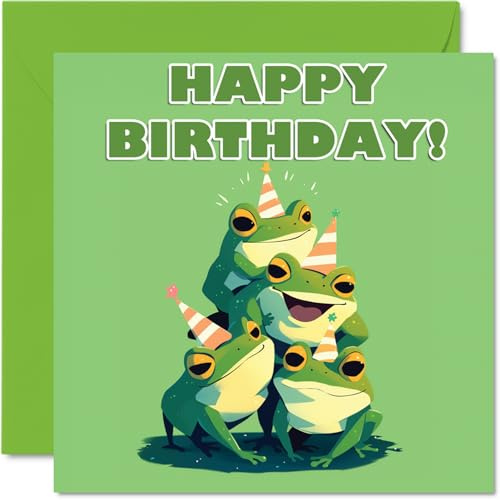 Frosch-Geburtstagskarten für Sie und Ihn, Partytier-Pyramide, Happy Birthday Karte für Mutter, Vater, Bruder, Schwester, Tante, Onkel, Cousin, Freund, Familie, Kollegen, 145 mm x 145 mm
