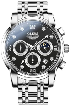 OLEVS Herrenuhr aus Silber Schwarz Wählscheibe Großes Handgelenk Analoger Quarz Edelstahl Uhren für Männer Arabische Ziffern Chronograph Diamant Uhr Wasserdicht Leuchtend mit Datum Herren Uhr