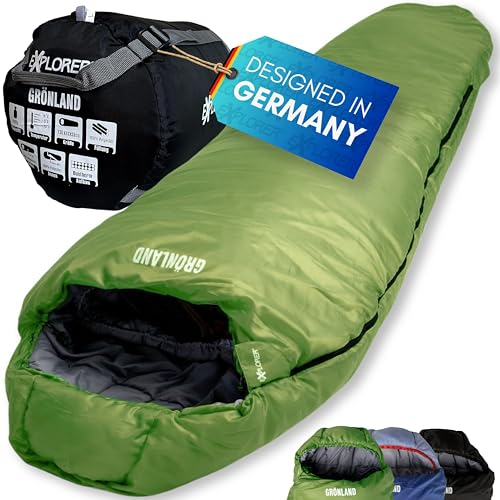 EXPLORER® GRÖNLAND Schlafsack -23°C -5°C [350GSM] 3-4 Jahreszeiten Winter Mumienschlafsack Erwachsene[1900g] 230x82x55cm Zip-Rechts Dunkel Grün ideal für Outdoor, Camping, Trekking und Reisen