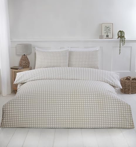 Rapport Home Parure de lit King Size en Polycoton à Carreaux naturels avec 2 taies d'oreiller, Motif Vichy Doux et Durable, pour Chambre à Coucher (220 x 230 cm)