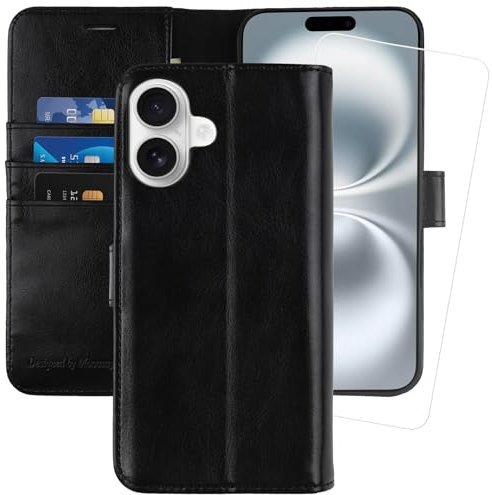 MONASAY for iPhone 16 Plus 5G Wallet Case,[Glass Screen Protector Included] [RFID Blocking] Flip Folio Leather Cell Phone Cover with Credit Card Holder, 6.7-inch, Black