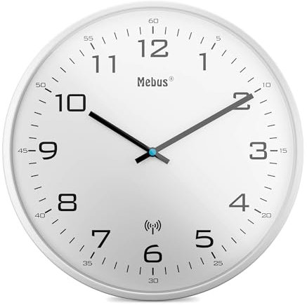 Mebus Funk-Wanduhr, 30 cm, lautlos, weißer Rahmen, weißes Zifferblatt, Modell 13080 - Perfekt für Wohnzimmer und Küche, Weiß