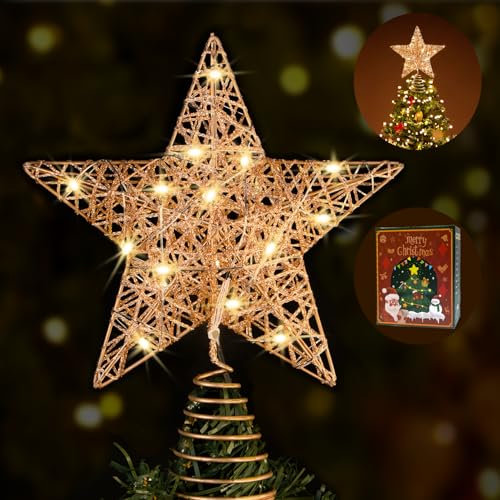 WHOLEV Oro Rosa Stelle Puntale Albero di Natale, 25CM Stelle Superiori Dell'albero Di Natale, 20 Luci a LED Stella dell'albero di Natale Per La Casa Decorazioni Dell'albero Di Natale