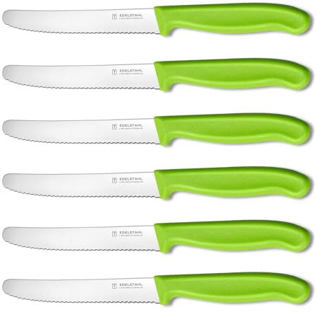 targzier Tomaten- und Tafelmesser,6-teilig Extra Scharfe Klinge Frühstücksmesser,Kunststoffgriff Scharfe Besteck Messer Set,Jausenmesser,Brotzeitmesser mit Wellenschliff(11 cm) Rostfreier Stahl,Grün