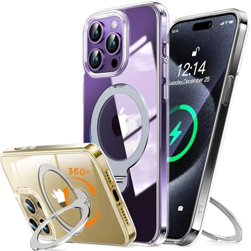 UNIOTEK 360° Rotación Funda Magnética para iPhone 14 Pro Max 6,7 [Soporte Invisible para MagSafe] [360° Anillo Ajustable Giratorio] [Protección Militar]Funda Transparente TPU Borde Suave-Transparente