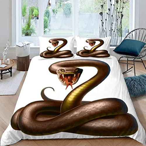 3D-bedrucktes Schlangen-Bettwäsche-Set, King-Size für Erwachsene und Jugendliche, Mikrofaser, flauschiges Bettbezug-Set mit niedlichem Tier-Design in Weiß/Schwarz/Grau, Jungen und Mädchen,