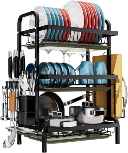 sanjianke-fs 3 Tier Black Dish Drainer Rack with Drip Tray, Stainless Steel Draining Dish drainer with Draining Board and Utensils Holder, Dish Drying Rack For Plate/Utensil on Kitchen Countertop