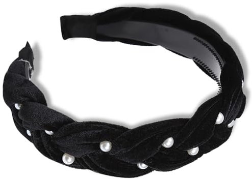 QZKJQDD Serre-tête avec perles pour femme - Noir - En velours tressé - Bandeau d'hiver pour femme - Avec bandeau en velours perlé et joli bandeau élastique