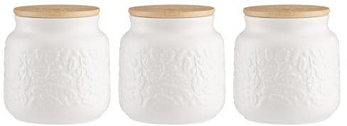 Price & Kensington Acorn Ceramic Tea Coffee & Sugar Storage Jars Set with Wooden Lids Embossed Acorn Design 700ml Capacity Airtight Silicone Seal Soft Cream Glaze Durable Stoneware Kitchen Jars