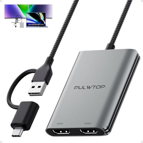 PULWTOP Displaylink Adapter, USB-C auf HDMI Adapter mit Dual-Monitor 4K@60Hz für Mac M1/M2/M3/M4,und Windows, Thunderbolt 3/4, USB 3.0 oder USB-C, Treiber erforderlich
